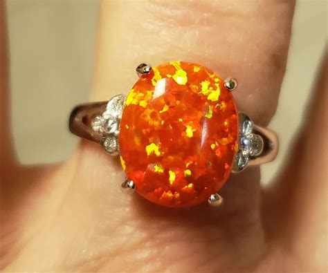 Orange Fire Opal Ring 10x12mm Lab Created Opal Wgorgeous Etsy