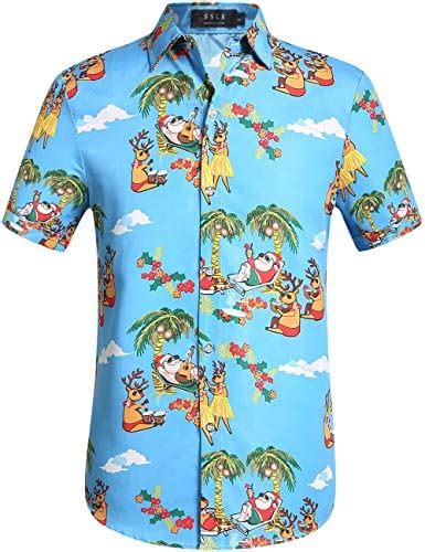 SSLR Herren Weihnachten Hawaii Shirts Weihnachtsmann Party Tropische Hemden Knopfleiste