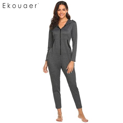 Ekouaer Women Adults Onesies Nightwear Long Pajamas Set Casual Loose Long Sleeve Pocket Zipper