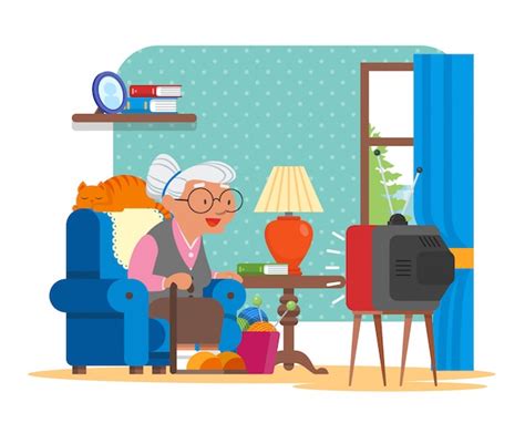 Иллюстрация бабушка сидит в кресле и смотрит телевизор Премиум векторы