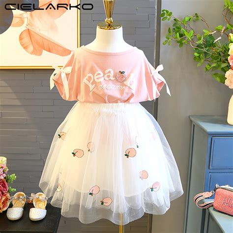 Cielarko Summer Girls Clothing Set Peach Pink 2018 T Shirt Tulle
