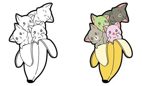 Kawaii Cats In Banana Cartoon Coloring Page For Kids 2068221 Vector Art
