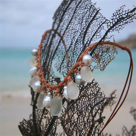 Cultured Pearls And Sea Glass Adaptable Necklace On Leather Australian