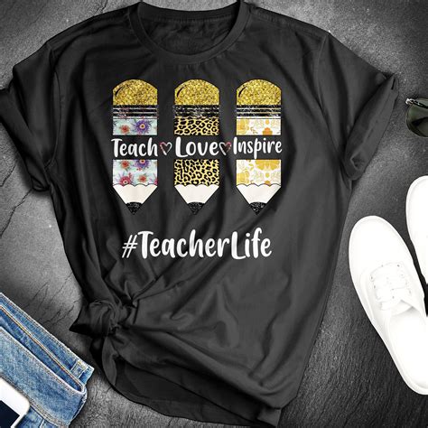 Teacher Life Teach Love Inspire Shirtsleopard Pencil Print Etsy In 2021 School Teacher Ts
