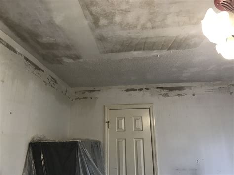 Removing popcorn ceilings can make a heck of a mess! Small Bedroom Makeover - Remove wallpaper, popcorn ceiling ...