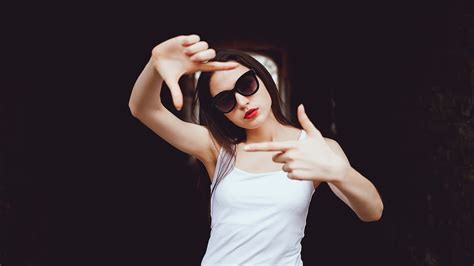 wallpaper model brunette portrait sunglasses white tops red lipstick women outdoors