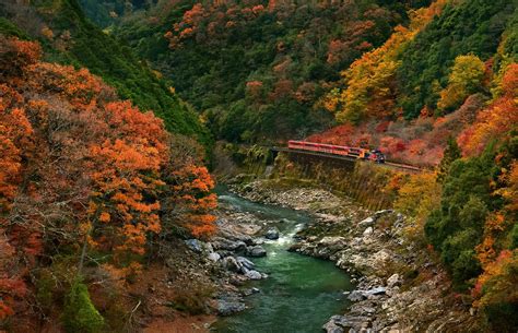 Nature Landscape Train River Mountains Forest Fall Canyon Japan