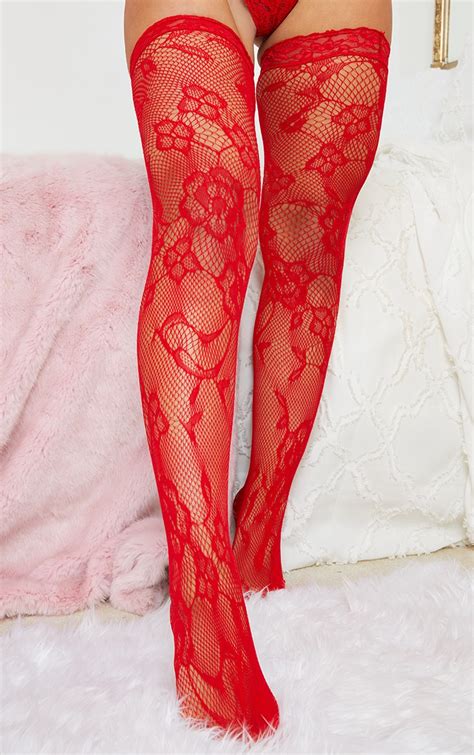 Red Floral Lace Stockings With Lace Top Prettylittlething Usa