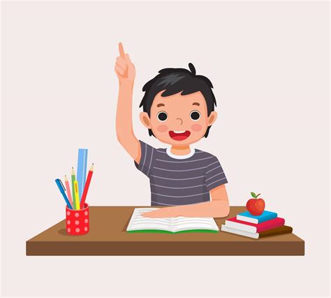 Happy Little Boy Student Rising Hand Answering Question Sitting At Her