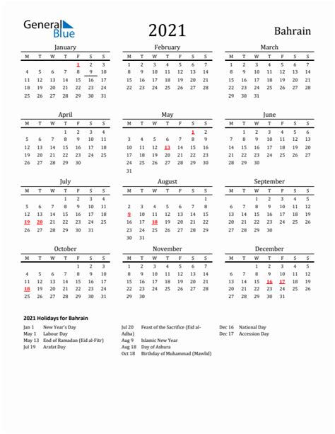 2021 Bahrain Calendar With Holidays