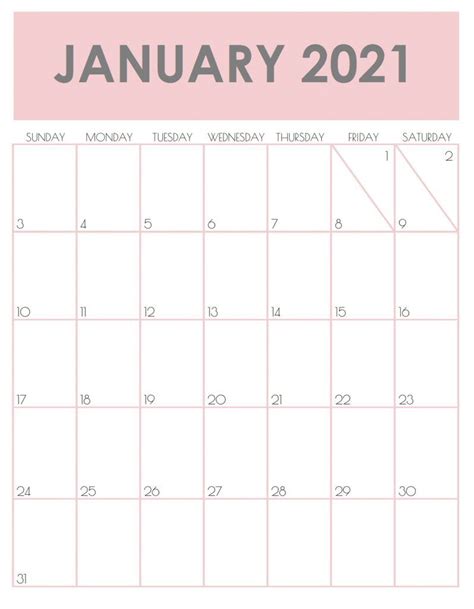 January 2021 Calendar Template 2021 Calendar Calendar Calendar Template