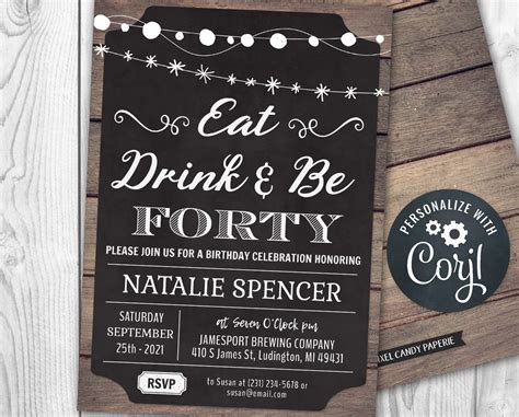 40th Invitations Eat Drink And Be Forty 40 Birthday Chalk Etsy