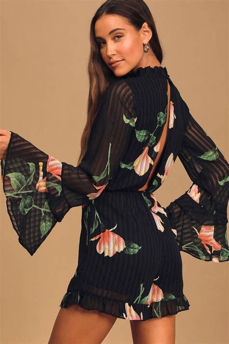 Lulus Talking Sweet Black Floral Print Long Sleeve Cutout Romper