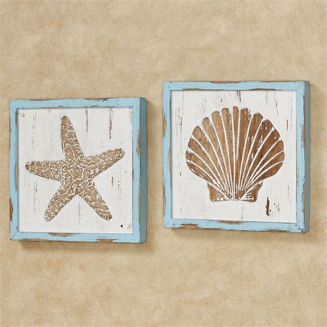 Seashore Starfish And Seashell Framed Wooden Coastal Wall Art Set