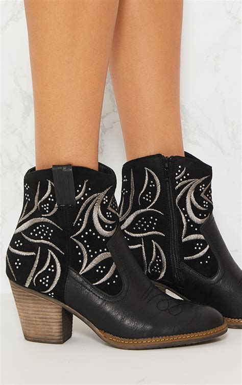 Black Embroidered Western Ankle Boots Shoes Prettylittlething