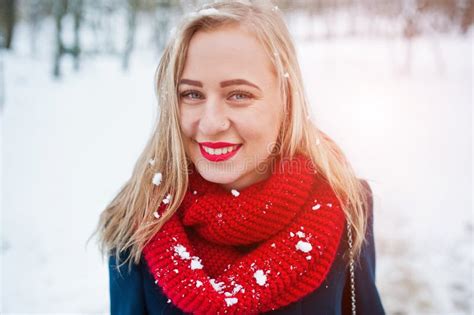 Blonde Girl In Red Scarf On Winter Day Stock Image Image Of Person