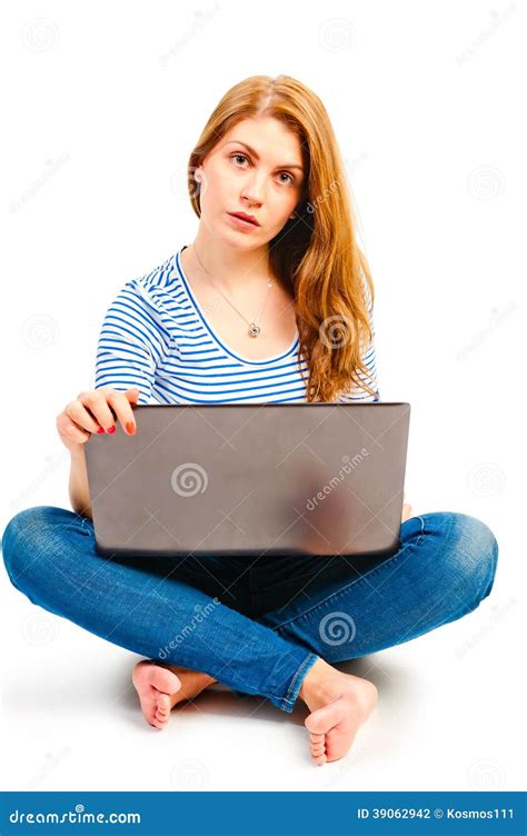 Woman Posing With A Laptop Stock Photo Image Of Isolated