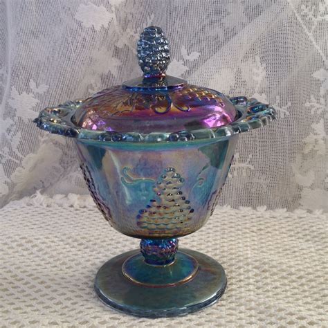 Indiana Carnival Blue Glass Compote Harvest Grape Lace Edge Spooner