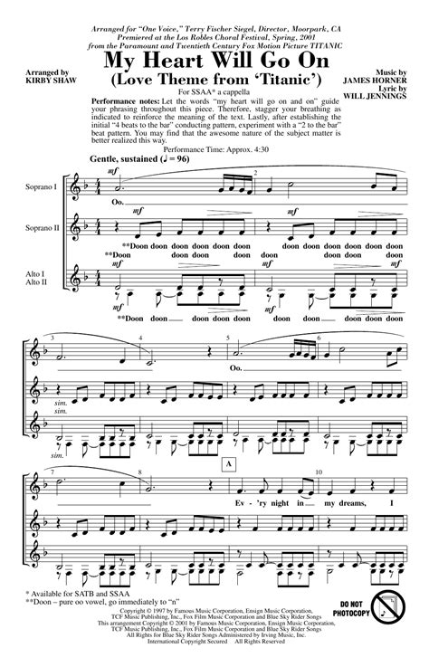 My Heart Will Go On Love Theme From Titanic Arr Kirby Shaw Sheet Music Celine Dion Ssa