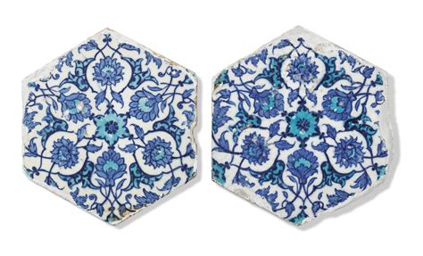 Two Blue And White Hexagonal Iznik Tiles Ottoman Turkey Circa
