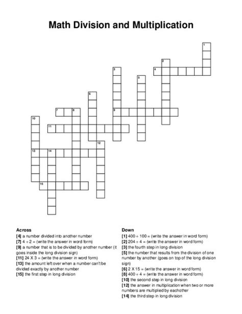 Math Division And Multiplication Crossword Puzzle