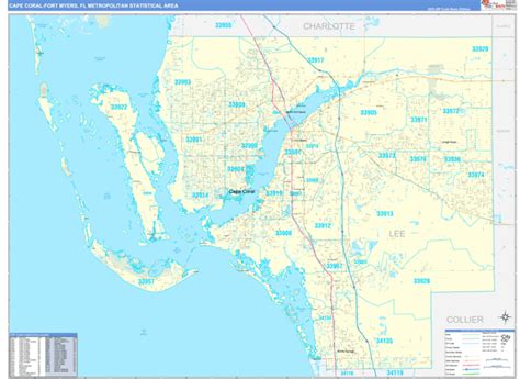 Cape Coral Fort Myers Fl Metro Area Wall Map Basic Style By Marketmaps
