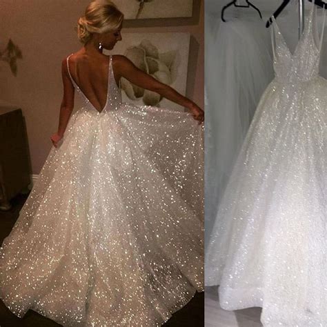 WD2101 Sparkle Sequins Bling Bling A Line Bridal Wedding Dresses V Nec