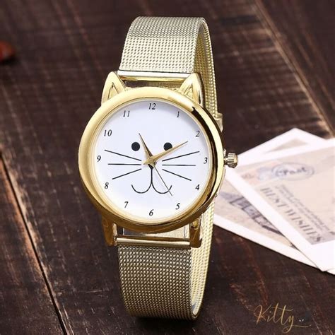 Golden Cat Watch With Tiny Ears Cat Watch Cute Watches Mesh Band