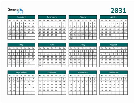2031 Yearly Calendar Templates With Monday Start