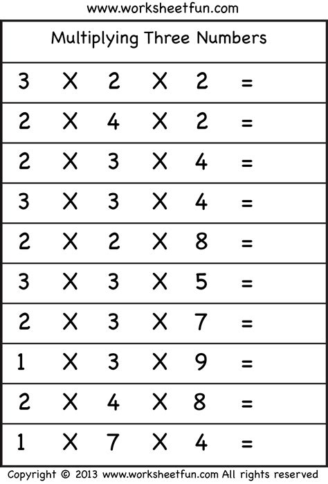Multiplying 3 Single Digit Numbers Worksheet