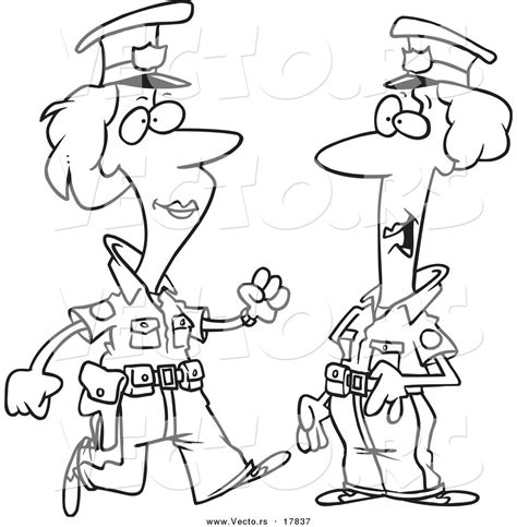 Vector Of A Cartoon Black And White Outline Design Of Two Female Cops