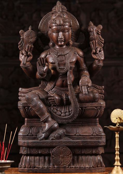 Sold Wood Statue Of The Hindu God Of Preservation Vishnu Seated In The Abhaya And Varada Mudra 30