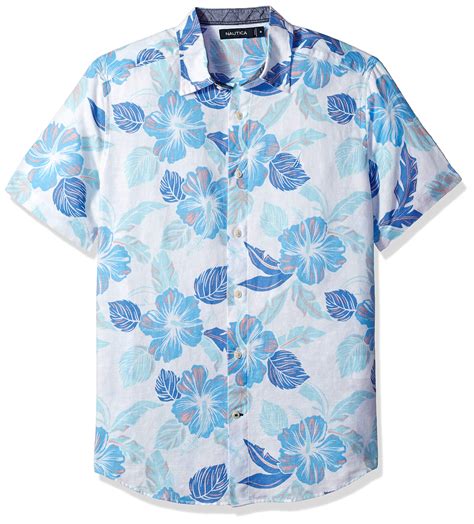 Nautica Mens Classic Fit Floral Print Linen Blend Button Down Shirt