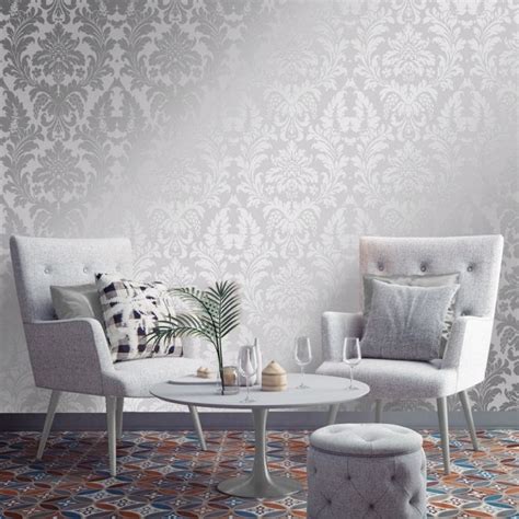 Shimmer Metallic Grande Damask Wallpaper Soft Grey Silver Grey