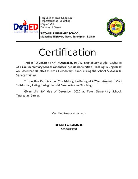 Demo Certificate Hhhy6 Republic Of The Philippines Department Of