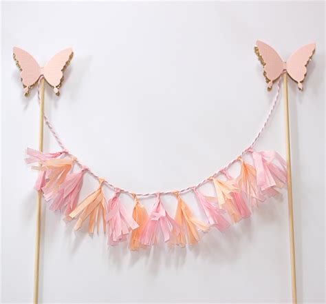 Cake Topper Butterflies And Tassels In Pink Peach And Gold Glitter Tissue Tassel Garland