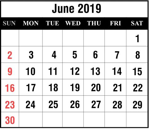 2019 June Calendar Printable Calendar