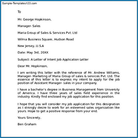 Free Printable Employment Letter Of Intent Template ...