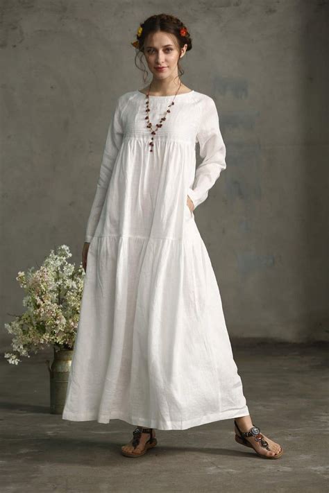 White Dress Linen Dress Maxi Dress Drop Shoulder Sleeve Etsy In 2020