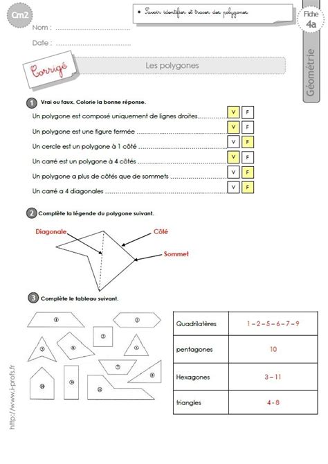 Plus de 20000 cours, leçons, exercices et évaluations corrigés à télécharger de la maternelle au lycée cm2: Exercices les POLYGONES, quadrilatères, triangles ...