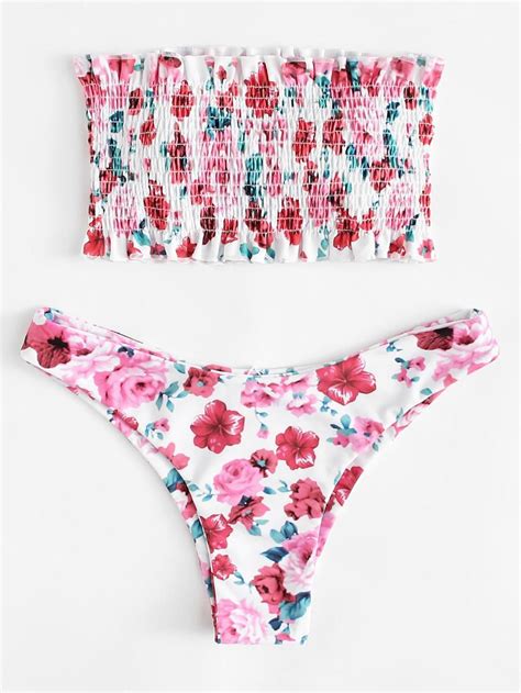 Shein Floral Print Frill Shirred Bandeau Bikini Set Artofit