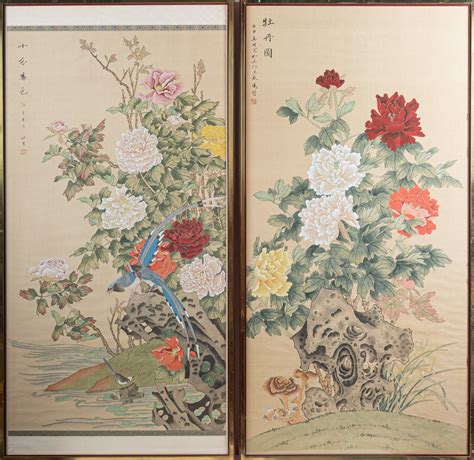Chinese Art A Pair Of Large Paintings On Silk Depicting Flow