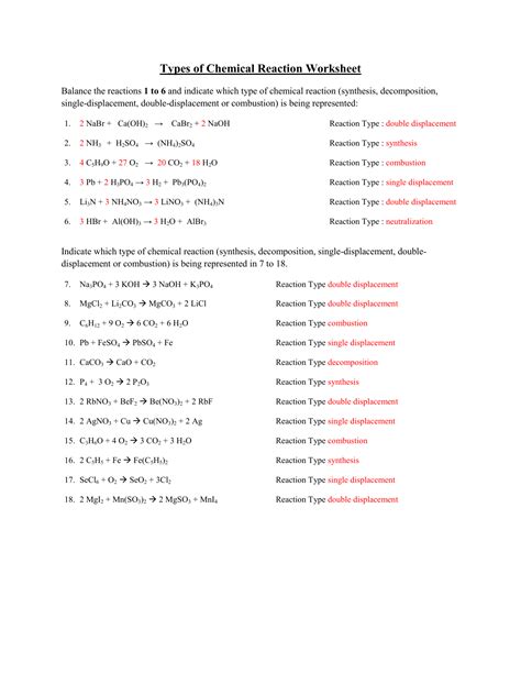 Types Of Chemical Reaction Worksheet Answers