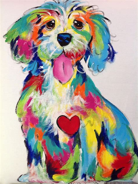A Painting Of A Colorful Dog With A Heart On Its Chest And Tongue