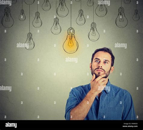 Portrait Thinking Handsome Man Looking Up With Idea Light Bulb Above