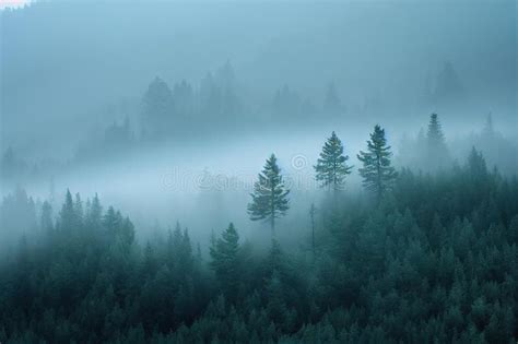 Morning Forest Fog Dissipates Over The Tops Of Pine Trees Editorial