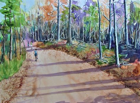 Afternoon Ride Watercolor Original Fall Foilage Bicycles Country Road
