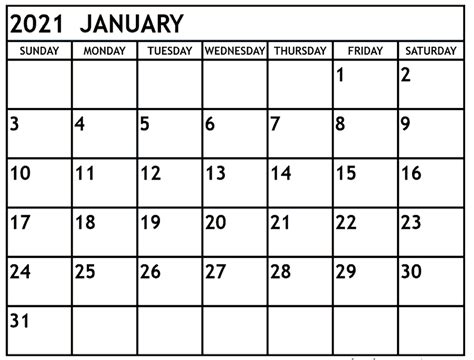 January 2021 Calendar Free Printable Template