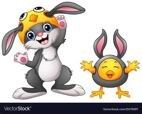 Happy Rabbit And Chicken Cartoon In Costume Vector Image Cartoon