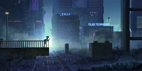 Wallpaper Cyberpunk Smoking Fence Stairs City Lights Anime